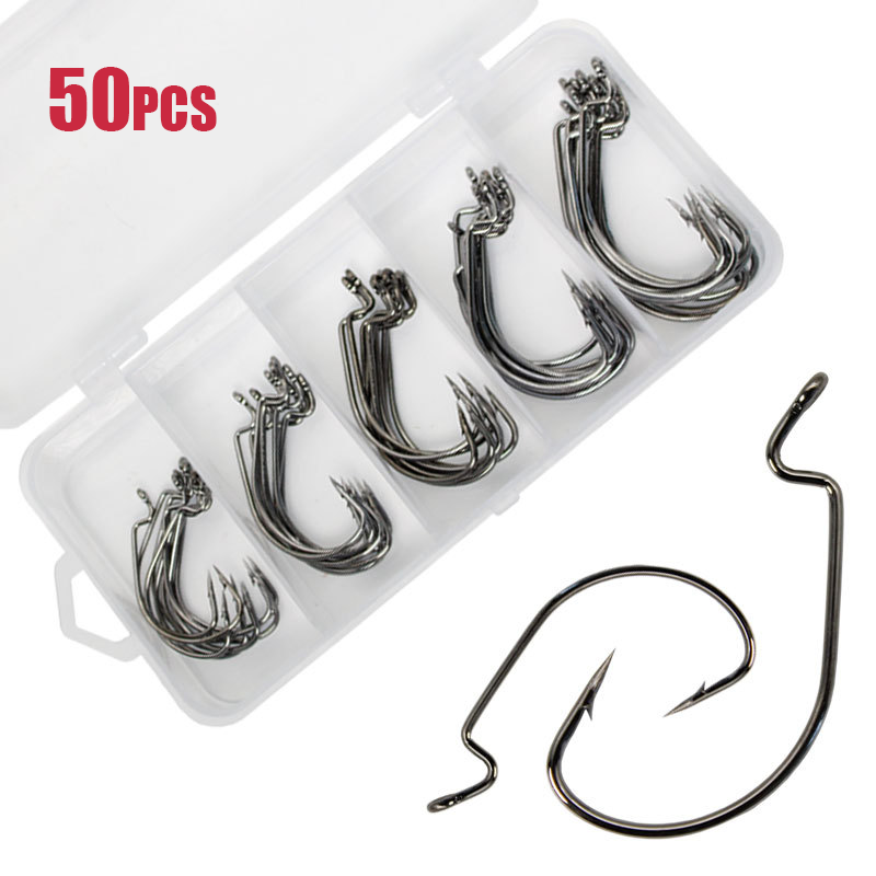 50pcs Wide Worm Hook Carbon St - огляд і ціна Fishing Hook Offset